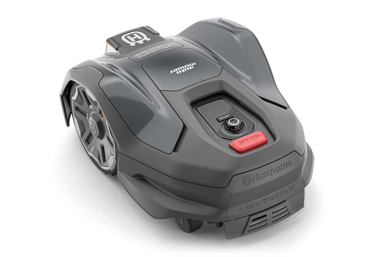 405XE Husqvarna lawn mower on a white background rear view
