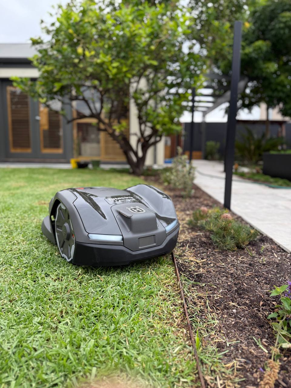 Husqvarna Automower 410XE EdgeCut on a grassy lawn with a house in the background in Brighton-South Australia