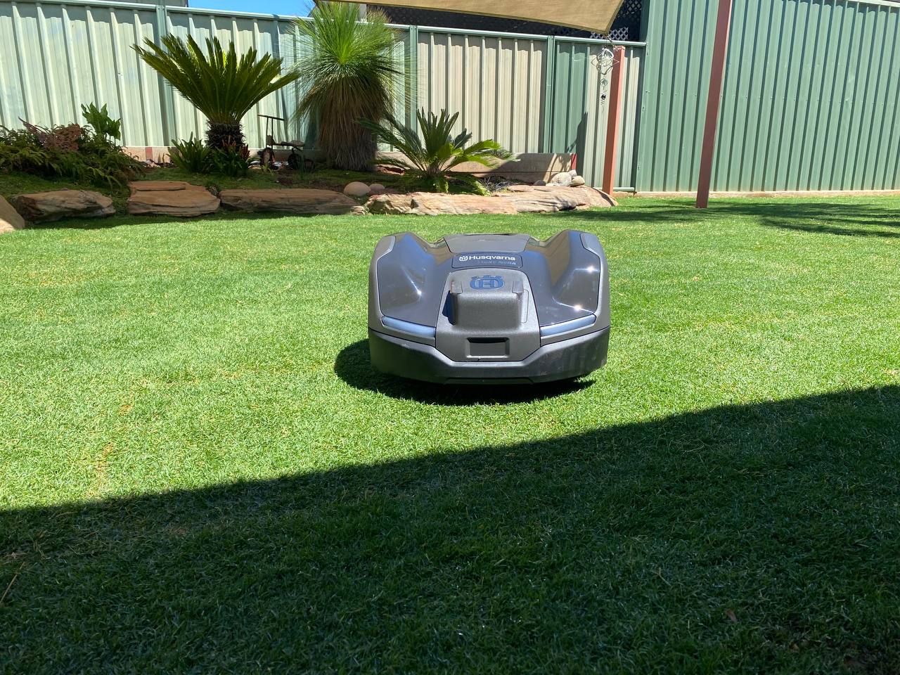 Husqvarna Automower 410XE on a green lawn with a fence and plants in the background in Nuriootpa-South Australia