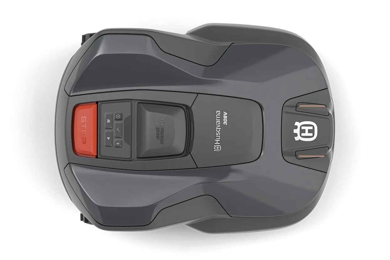 Top view of a gray Husqvarna 308V battery-powered automower on a white background