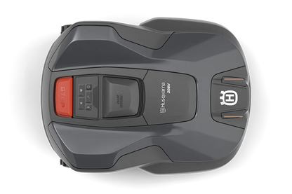 Top view of a gray Husqvarna 308V battery-powered automower on a white background