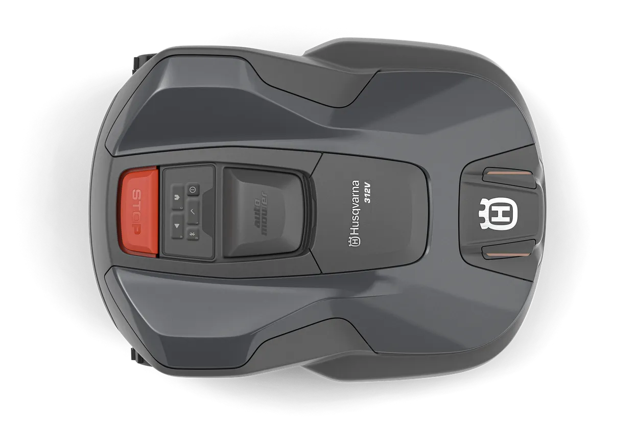 Top view of a gray Automower 312V Husqvarna 970 83 11-06 on a white background
