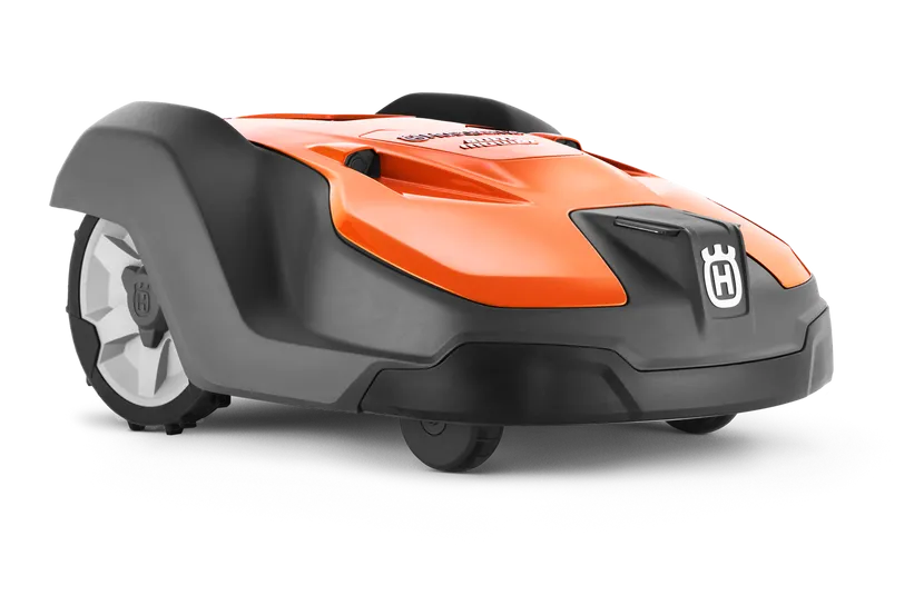 Husqvarna Automower 550 robotic lawn mower, designed for professional fleet use, with GPS-assisted navigation, remote control, and handling slopes up to 45%.