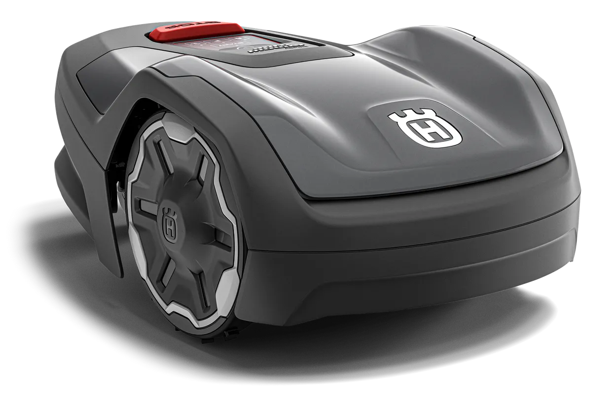 Husqvarna Automower Aspire R4 robotic lawn mower, ideal for lawns up to 400 m², with Bluetooth control, frost guard, weather timer, and smart storage hooks.