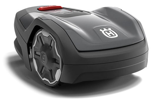 Husqvarna Automower Aspire R4 robotic lawn mower, ideal for lawns up to 400 m², with Bluetooth control, frost guard, weather timer, and smart storage hooks.